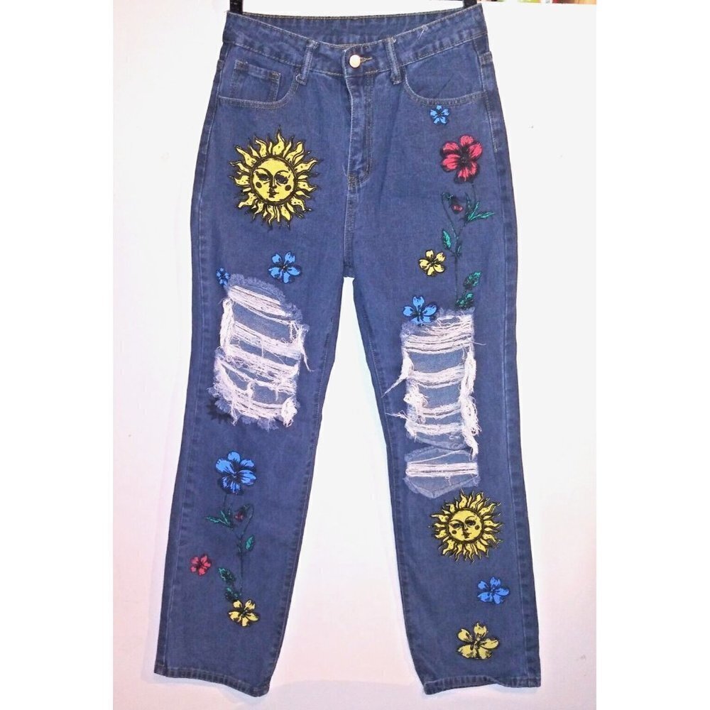 Women jeans straight leg SUNFLOWER PAINTED Sz M distressed floral high rise EUC